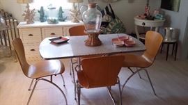 50's DROP LEAF FORMICA DINING TABLE with 4 EAMES STYLE WOOD & CHROME CHAIRS