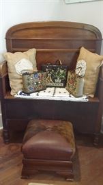 ANTIQUE DEACONS BENCH, EMPIRE OTTOMAN with COWHIDE TOP, ENID COLLINS JEWELED HANDBAGS