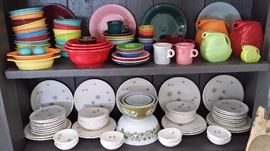 NEW & OLD FIESTA WARE DISHES.....FRANCISCAN ATOMIC STARBURST PLATES & BOWLS
