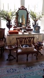 ANTIQUE DRESSER TOP MIRROR with VALET DRAWERS, Pr. BRONZE URNS, REPRODUCTION CHIPPENDALE CHILD'S SETTEE SET