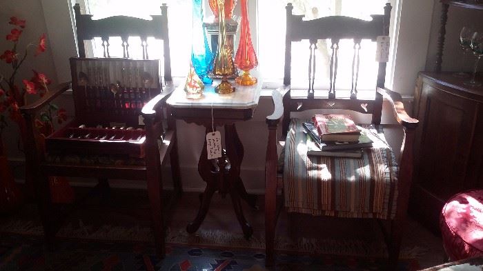 PAIR OF ANTIQUE OAK ARM CHAIRS, VICTORIAN MARBLE TOP LAMP TABLE, VIKING GLASS VASES