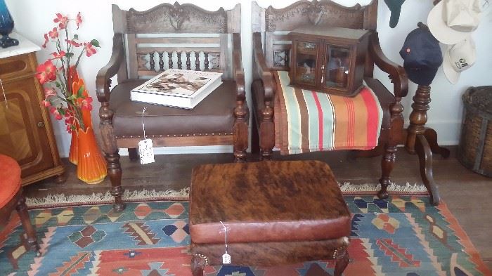 Pair of ANTIQUE PEGGED ARM CHAIRS with newly upholstered seats, VINTAGE COWHIDE OTTOMAN