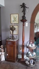 TALL SPINDLE FERN STAND, BRONZE STATUE, ANTIQUE MARBLE TOP CABINET WITH DRAWER, BRADLEY HUBBARD ELECTRIFIED BANQUET LAMP