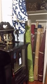 BOLTS of FABRIC, ANTHROPOLOGIE CURTINS, ANTIQUE CURIO CABINET