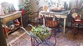 ANTIQUE PAINTED FLOWER CART, PINE WASH STAND, OLD FARM TABLE with METAL TOP, CHRISTMAS ITEMS