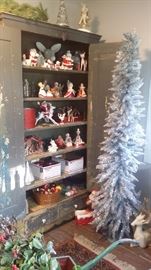 ANTIQUE FARM HOUSE CLOSET with 2 DRAWERS filled with VINTAGE CHRISTMAS including Holt Howard and Nasco FIGURINES