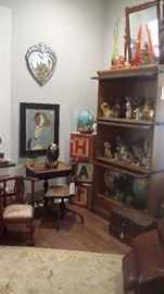 OLD SCHOOL DESK & CHAIR, CHALK DOGS, LARGE STACK BLOCKS, ANTIQUE OAK FILE CABINET