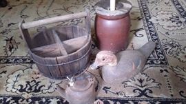 ANTIQUE NAIL KEG TOOL BUCKET FROM PENNSYLVANNIA,  CROCK BUTTER CHURN,  WAGNER WARE CAST IRON SMALL KETTLE, HANDCARVE DUCK DECOY