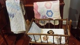 VINTAGE CRADLE & OLD QUILTS