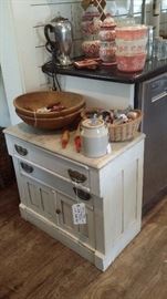 OLD PINE WASHSTAND with MARBLE TOP, WOOD BOWLS, VINTAGE UTENSILS & COOKIE CUTTERS, PINK PYREX , ITALIAN CANISTERS