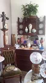 ANTIQUE 4 DRAWER LOW BOY with MARBLE TOP, VICTORIAN WALL SHELF with CANOPY TOP, VICTORIAN CHAIR, TALL SPINDLE FERN STAND with BRONZE STATUE