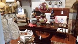 ANTIQUE FLAME MAHOGANY EMPIRE GAME TABLE, ANTIQUE GWTW PARLOR LAMP,  Ulbricht Nutcrackers, VINTAGE QUILTS, WICKER CHILD ROCKER