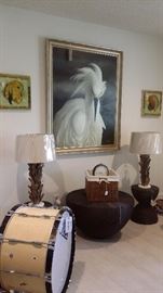 LARGE OIL on CANVAS, PR. WOOD BASE LAMPS, WOVEN WOOD STANDS, VINTAGE PEARL DRUM