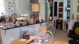 LARGE EGRET OIL on CANVAS, BRASS DISPLAY SHELF, BARWARE, MCM LAMP