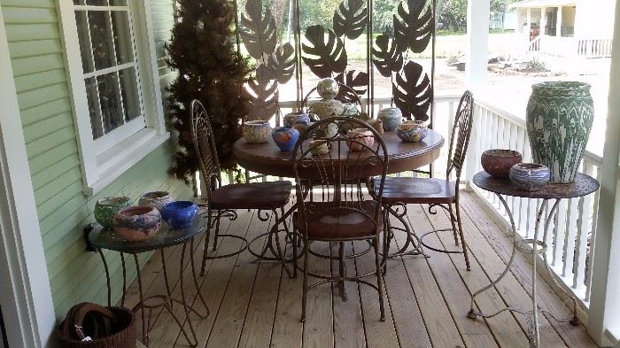 IRON SCREEN, WOOD & METAL TABLE with 4 CHAIRS, OZARK ROADSIDE TOURIST POTTERY
