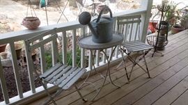 TWO FRENCH BISTRO FOLDING GARDEN CHAIRS, OVAL METAL GARDEN TABLE