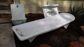 1950'S ERA FIBERGLASS POOL LOUNGER (supposedly came from the Shamrock Hotel), ANTIQUE FRENCH LAVABO, VINTAGE SINK