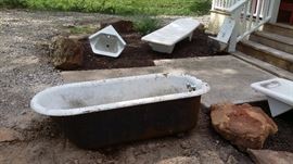 CLAW FOOT IRON TUB, VINTAGE CORNER SINK, 1950'S ERA FIBERGLASS POOL LOUNGER