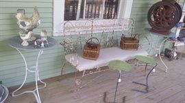 ANTIQUE FRENCH GARDEN BENCH AND 2 SARTINI NESTING LEAF TABLES