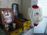 Dr. Peper Clock/wood box case, cups
Coca Cola tray,glasses,pitcher,wood box cases and centennial jacket