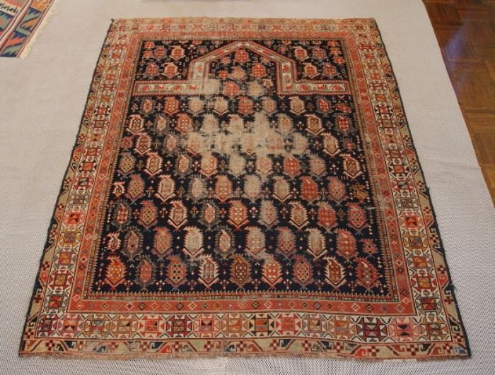 late 19th - early 20th century antique Caucasian Shirvan Marasali rug, vegetable dye ("honest wear" from use as a prayer rug)