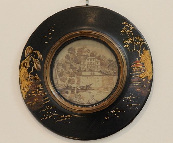 c. 1800 silk embroidered image of Alexander Pope's villa at Twickenham in a later Japanesque style lacquer frame