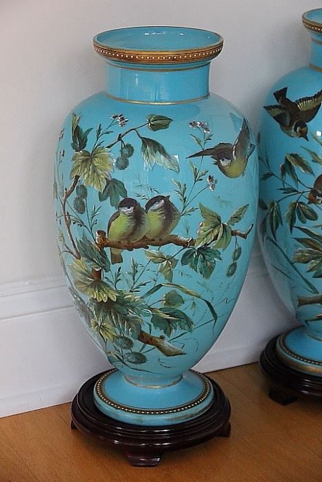 beautiful hand enameled Czech opaline art glass vases with birds, c. 1870s (hairline on base)