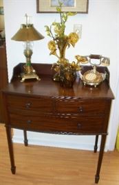 2 Drawer Cabinet - Brass Lamp - Glass Flowers - Hand Blown Vases - Vintage Phone