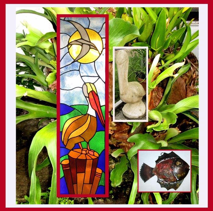 Old Florida Charm, Staghorn Fern, 2 Large Stained Glass Windows, Small Metal Fish and Cement Pelican