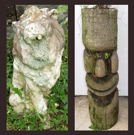 Cement Lion and Wooden Totem 