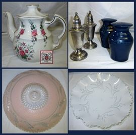 Ellgreave England Teapot, Sterling and LeCreuset Salt and Pepper Shakers and Vintage Glass Lamp Shades  