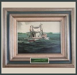 Gorgeous Kendrick III Oil of a Shrimp Boat Heading Out for the Catch 
