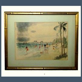 Lovely Old Florida Watercolor of Kids at the Beach 