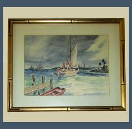 Lovely Old Florida Style Watercolor of a Sailboat 