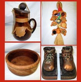 Sangria Pitcher, Decorative Bean Pots, Very Nice Wooden Bowl and Bronzed Baby Shoes 