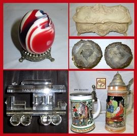 Small Colorful Egg, Trinket Box, Geodes, Small Crystal San Francisco Trolley and BMF and Gerz Steins  