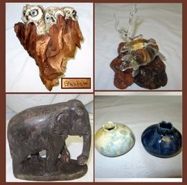Signed Owl Art, Wooden and Lucite Manatee Sculpture, Weathered Wooden Elephant and Small Pottery Pieces 