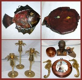 Small Metal Fish, Small Fishes in Wood, Set of 3 Brass Pineapple Candle Stick, Eisenhower Bank, Brass Seahorses and More  