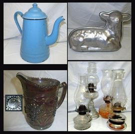 Vintage Enamel Coffee Pot, Vintage Metal Lamb Mold, Vintage Imperial Carnival Glass Pitcher and Selection of Antique Oil Lamps 