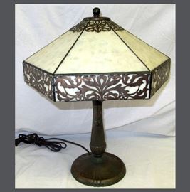 Antique Slag Glass and Metal Lamp 