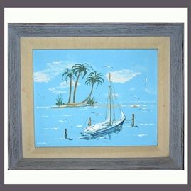 Lovely Old Florida Style Oil Painting; Palms on a Small Island & Sailboat  