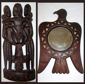 Carved Wooden Statue, African in Nature and Wooden Eagle Mirror 