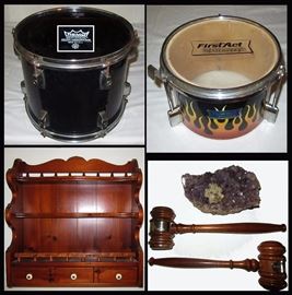Remo Drum, First Act Discovery Drum. Ethan Allen Hanging Display Cupboard, Gavels and Amethyst  