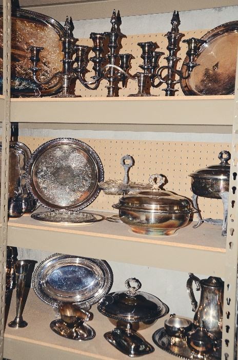 Silver Serving Platters, Candlesticks, Bowls, Tea & Coffee Sets