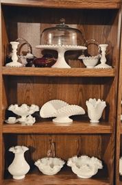 Fenton Silver Crest Milk Glass Cake Stand, Candlesticks, Basket, Bowls, Vase