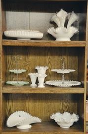 Fenton Silver Crest Milk Glass Cake Stand, Tiered Stands, Epergne, Vases, Banana Bowl