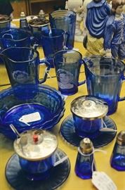 Hazel Atlas Cobalt Blue Shirley Temple Pitcher, Bowls, Glass, Hazel Atlas Cobalt Blue Condiment Jars, Salt & Pepper Shakers, Hazel Atlas Child's Cobalt Blue Pitcher