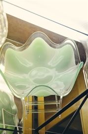 Victorian art Glass Bride's Bowl Green Cased Opalescent