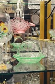 Fenton Vaseline Glass Basket, Fenton Cranberry Glass Basket