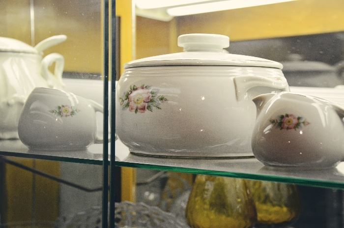 Hall "White Rose" Covered Casserole with Creamer & Sugar